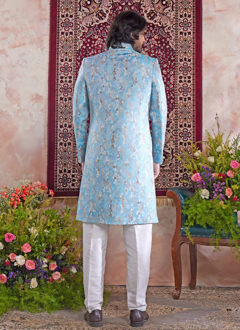 Raivat Ethnic Banarasi Jacquard Embroidery Indo Western Sherwani In Blue Colour | Swadesiicart