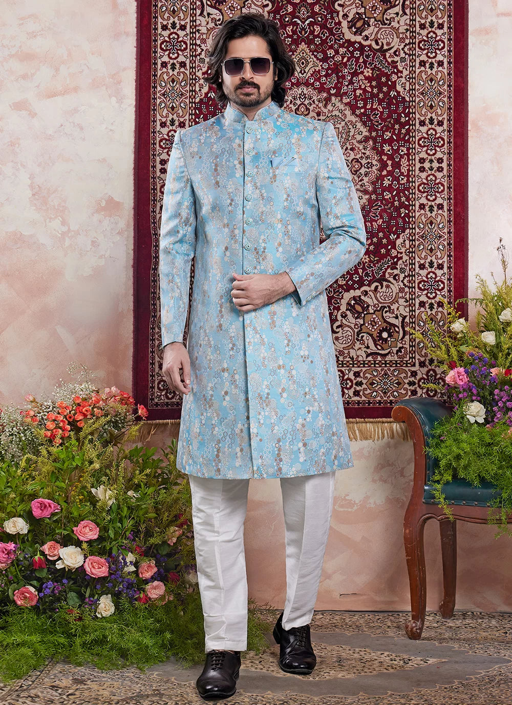 Raivat Ethnic Banarasi Jacquard Embroidery Indo Western Sherwani In Blue Colour | Swadesiicart