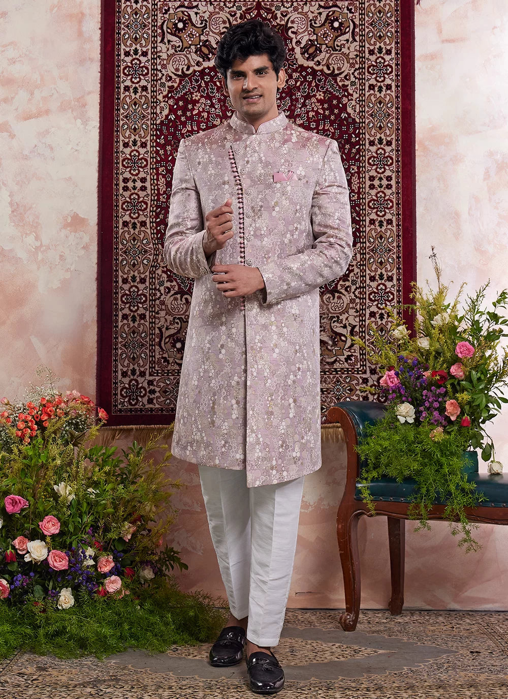 Raivat Ethnic Banarasi Jacquard Embroidery Indo Western Sherwani In Onion Pink Colour | Swadesiicart