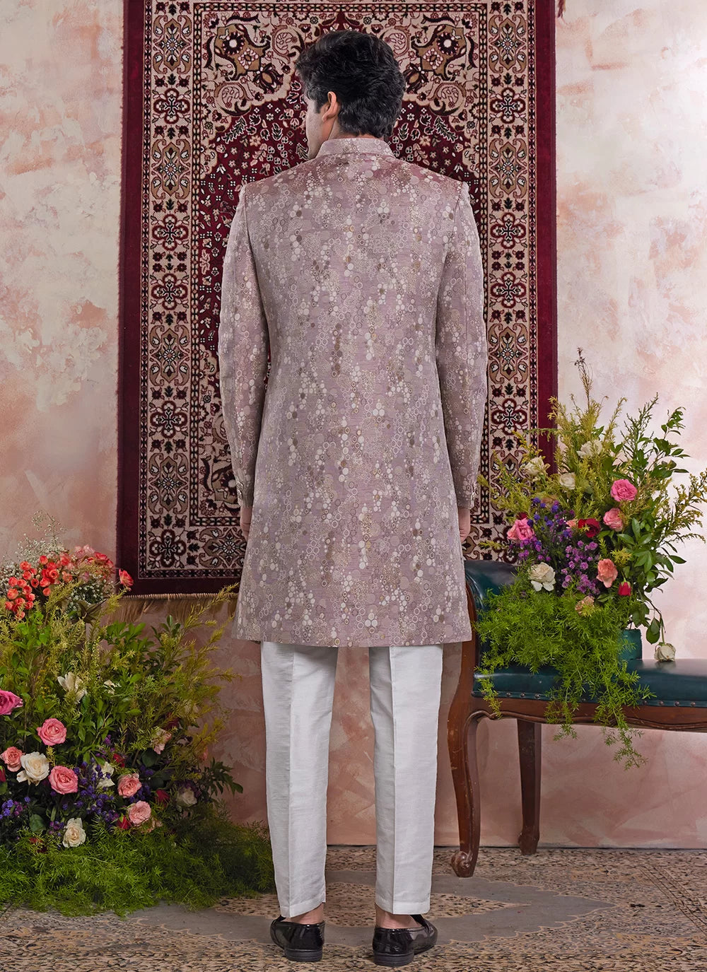 Raivat Ethnic Banarasi Jacquard Embroidery Indo Western Sherwani In Onion Pink Colour | Swadesiicart