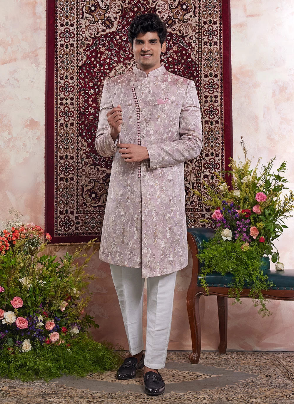 Raivat Ethnic Banarasi Jacquard Embroidery Indo Western Sherwani In Onion Pink Colour | Swadesiicart