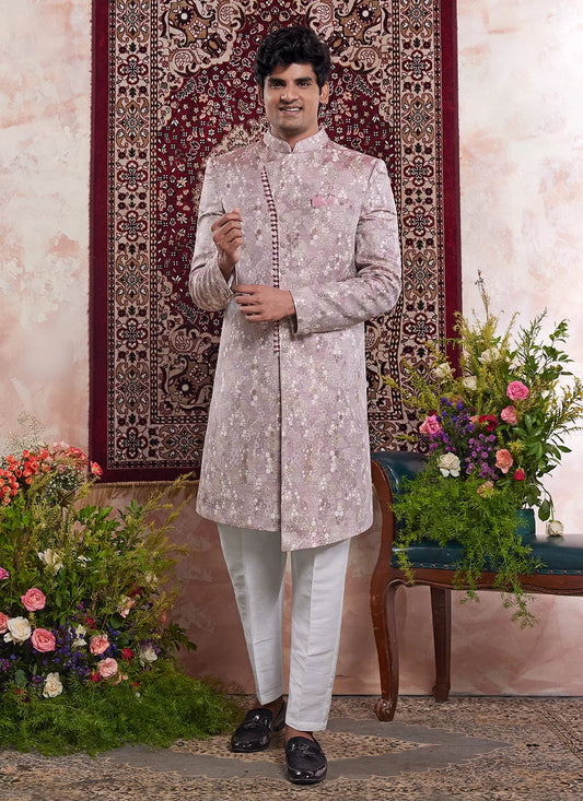 Raivat Ethnic Banarasi Jacquard Embroidery Indo Western Sherwani In Onion Pink Colour | Swadesiicart