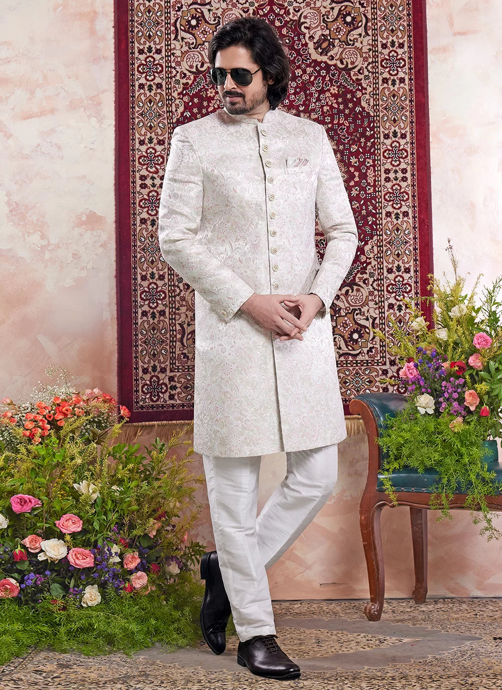 Raivat Ethnic Banarasi Jacquard Embroidery Indo Western Sherwani In Green Colour | Swadesiicart