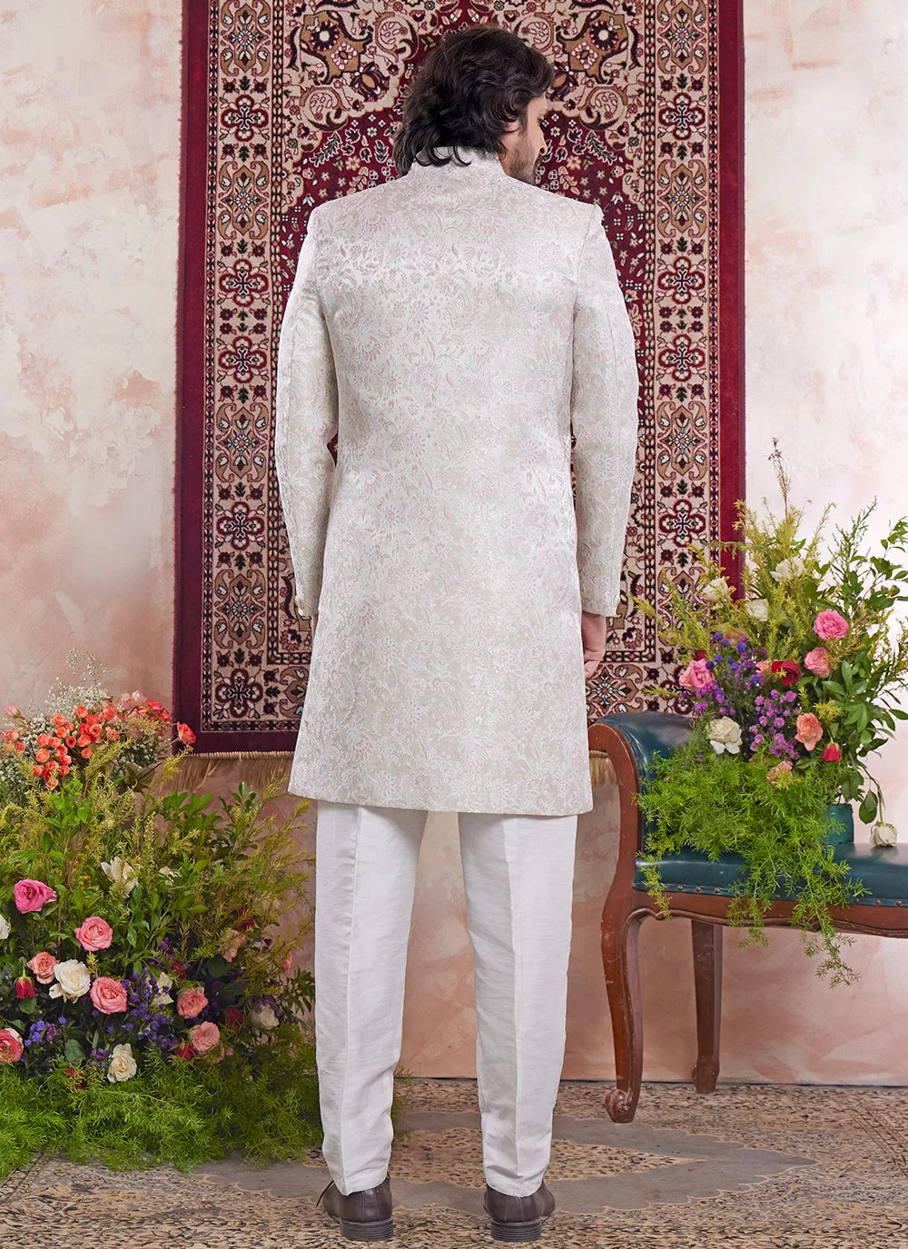 Raivat Ethnic Banarasi Jacquard Embroidery Indo Western Sherwani In Green Colour | Swadesiicart