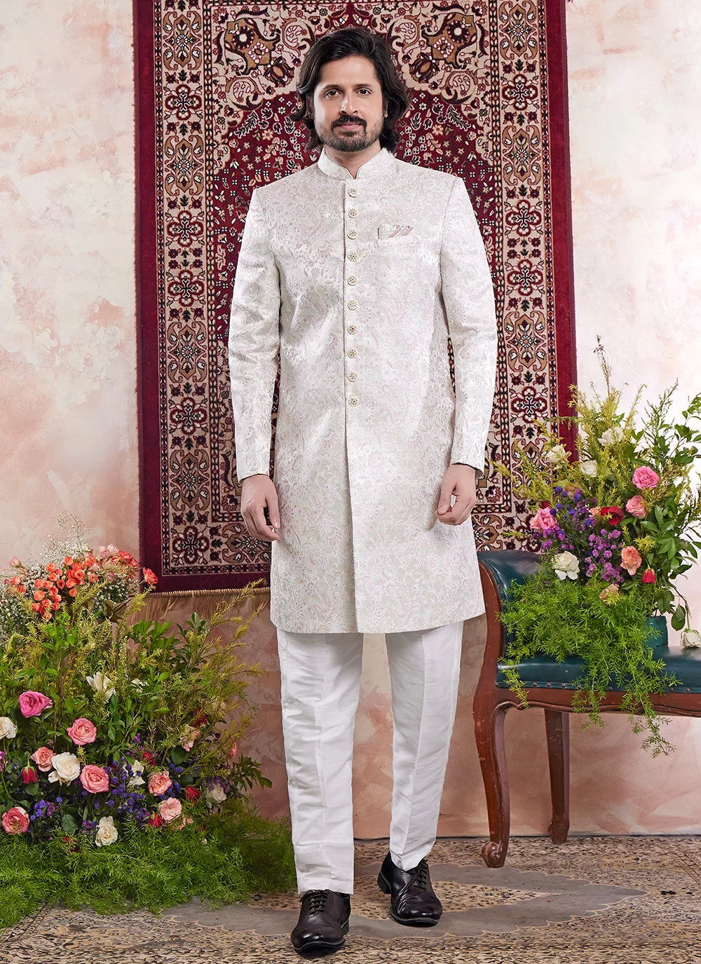 Raivat Ethnic Banarasi Jacquard Embroidery Indo Western Sherwani In Green Colour | Swadesiicart