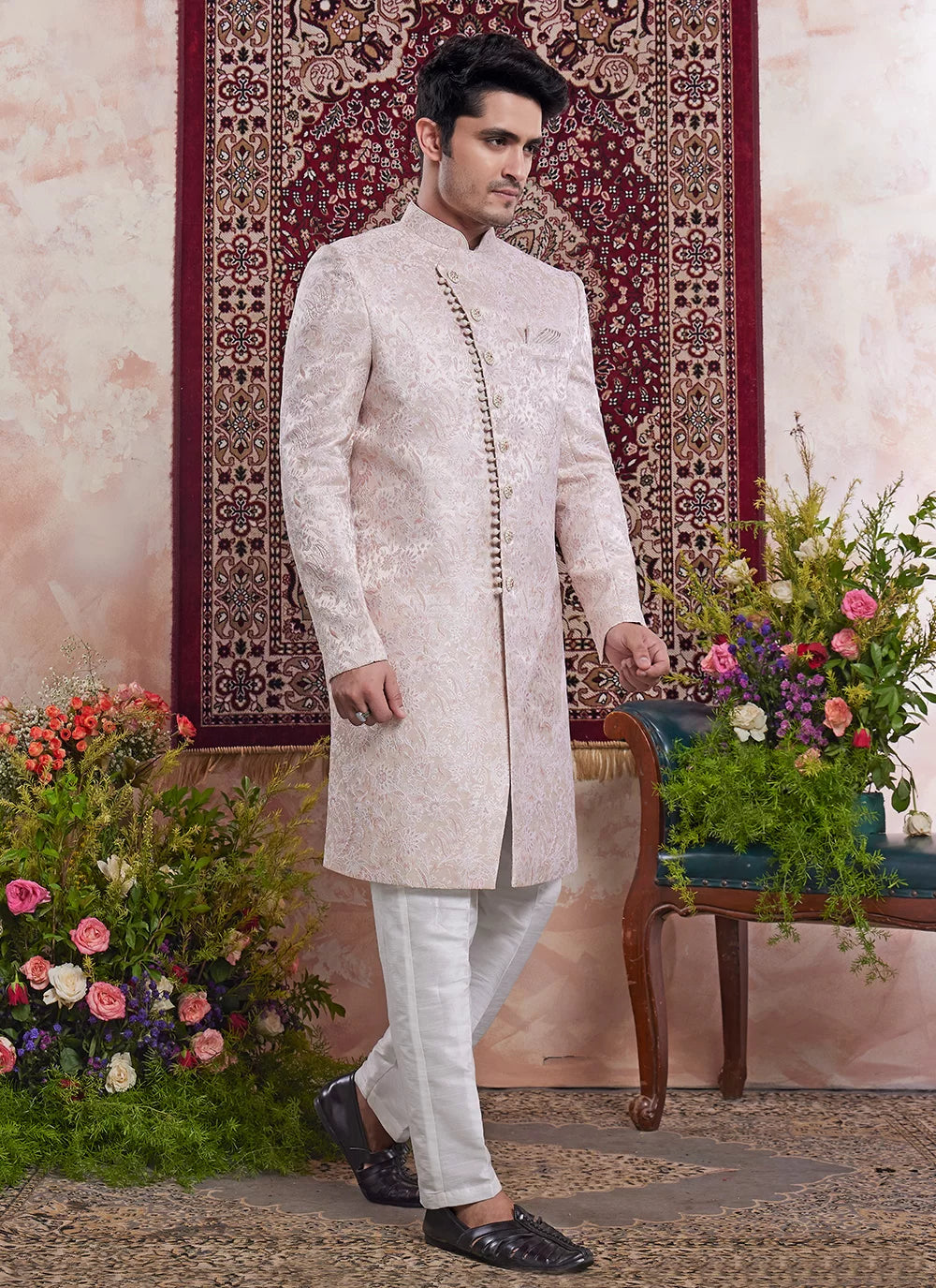 Raivat Ethnic Banarasi Jacquard Embroidery Indo Western Sherwani In Peach Pink Colour | Swadesiicart