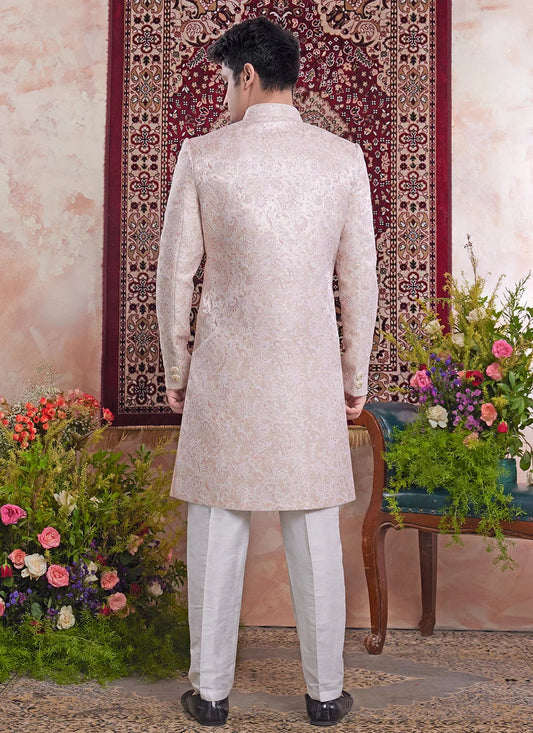 Raivat Ethnic Banarasi Jacquard Embroidery Indo Western Sherwani In Peach Pink Colour | Swadesiicart