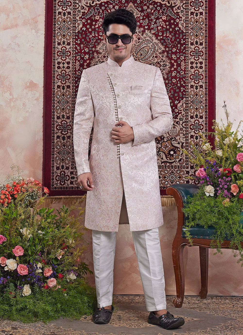 Raivat Ethnic Banarasi Jacquard Embroidery Indo Western Sherwani In Peach Pink Colour | Swadesiicart