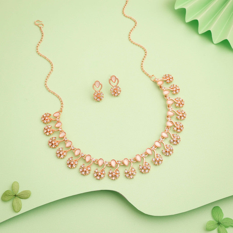 Tehzeeb Creations Rose Gold-Polished White Choker Necklace With Dangle Earrings - Swadesiicart