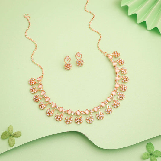 Tehzeeb Creations Rose Gold-Polished White Choker Necklace With Dangle Earrings - Swadesiicart