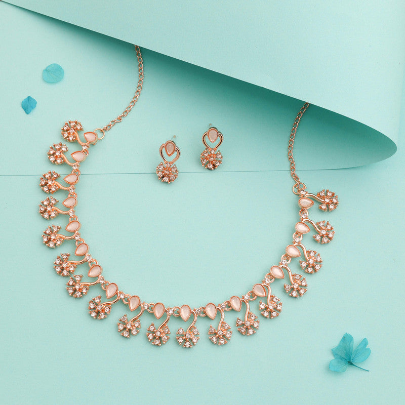 Tehzeeb Creations Rose Gold-Polished White Choker Necklace With Dangle Earrings - Swadesiicart