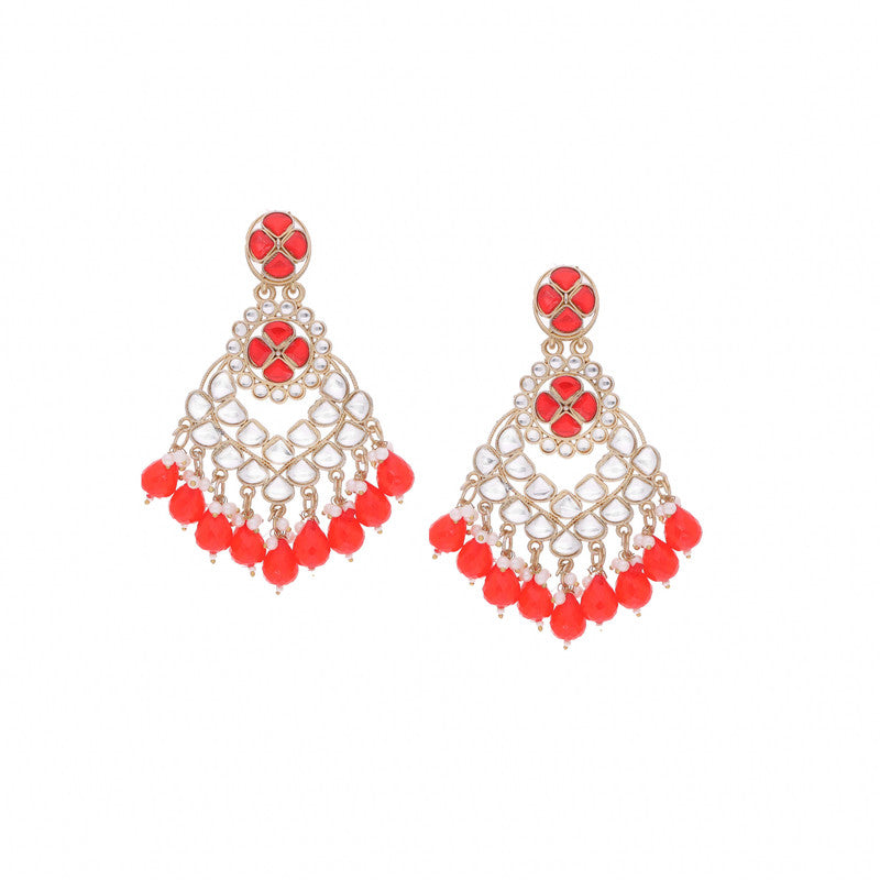 Tehzeeb Creations Gold Polish Kundan Red Colour Earrings | Swadesiicart