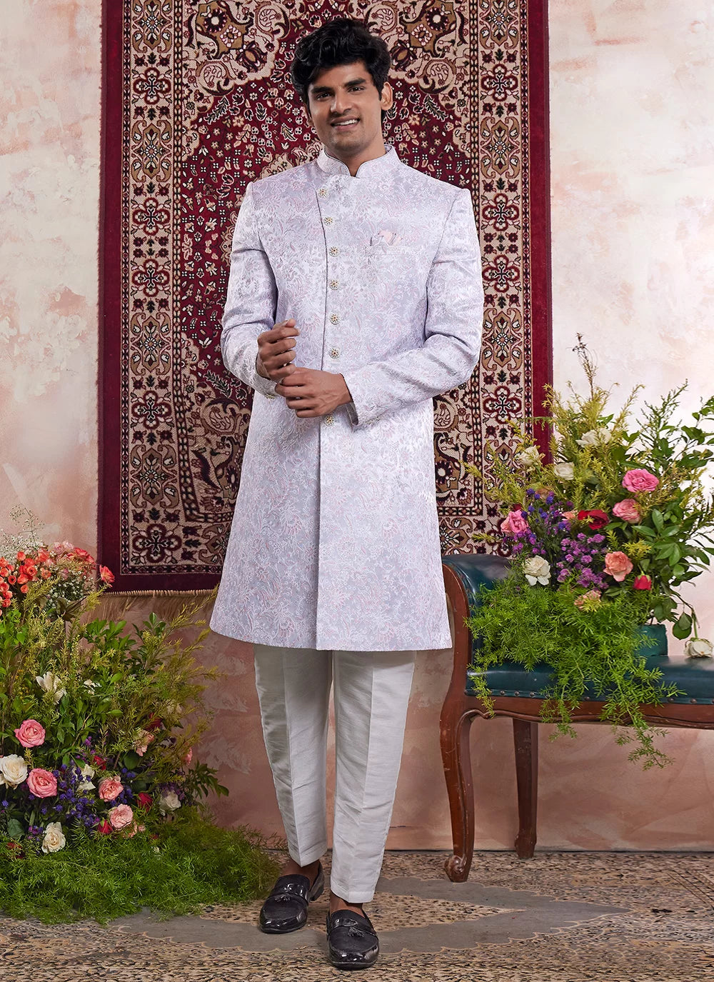 Raivat Ethnic Banarasi Jacquard Embroidery Indo Western Sherwani In Blue Colour | Swadesiicart