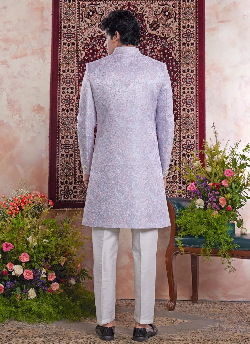 Raivat Ethnic Banarasi Jacquard Embroidery Indo Western Sherwani In Blue Colour | Swadesiicart
