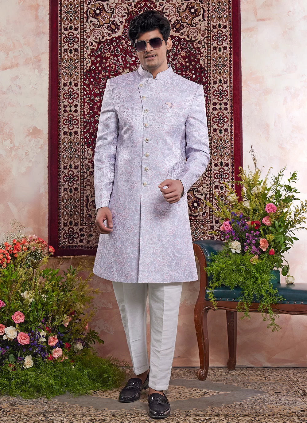 Raivat Ethnic Banarasi Jacquard Embroidery Indo Western Sherwani In Blue Colour | Swadesiicart