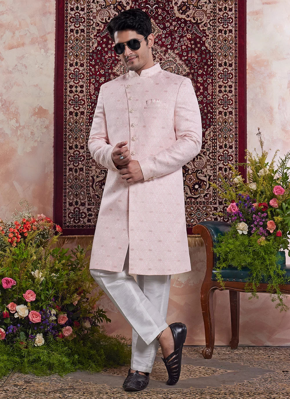 Raivat Ethnic Banarasi Jacquard Embroidery Indo Western Sherwani In Pink Colour | Swadesiicart