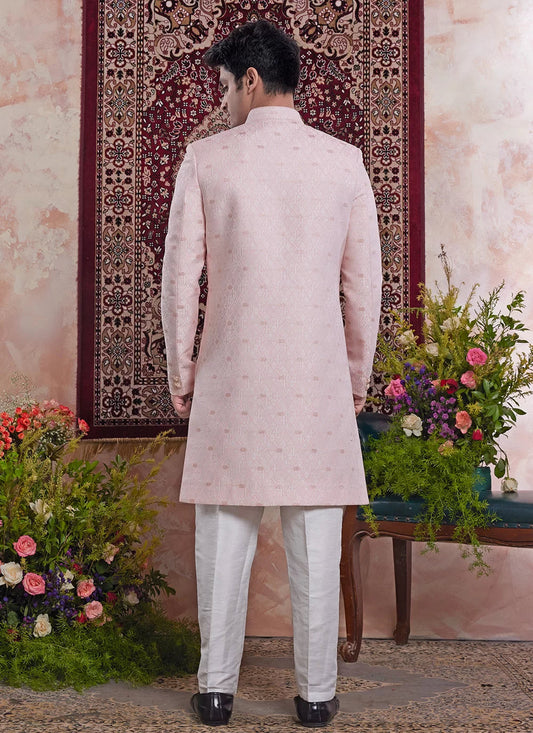 Raivat Ethnic Banarasi Jacquard Embroidery Indo Western Sherwani In Pink Colour | Swadesiicart
