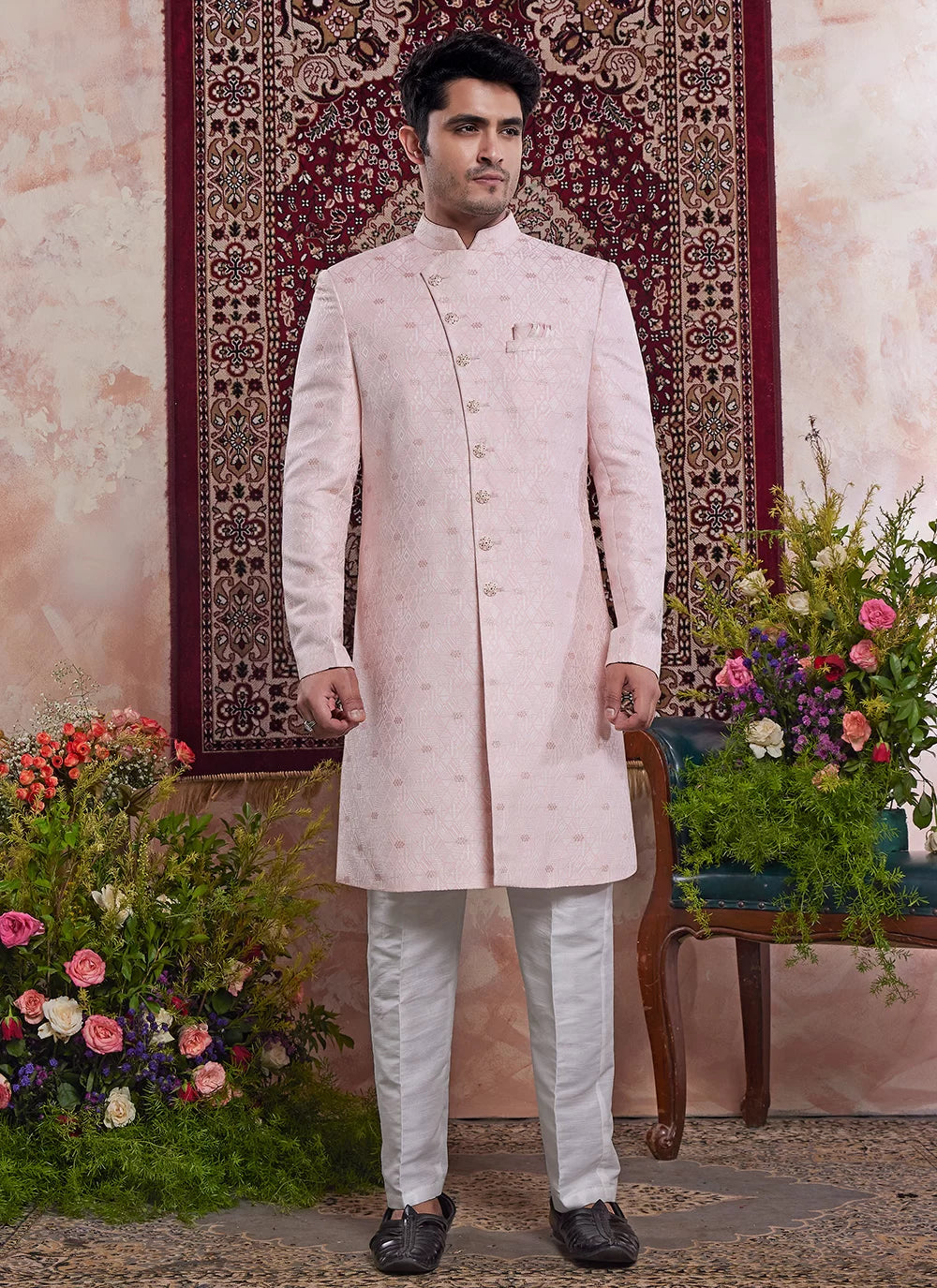 Raivat Ethnic Banarasi Jacquard Embroidery Indo Western Sherwani In Pink Colour | Swadesiicart