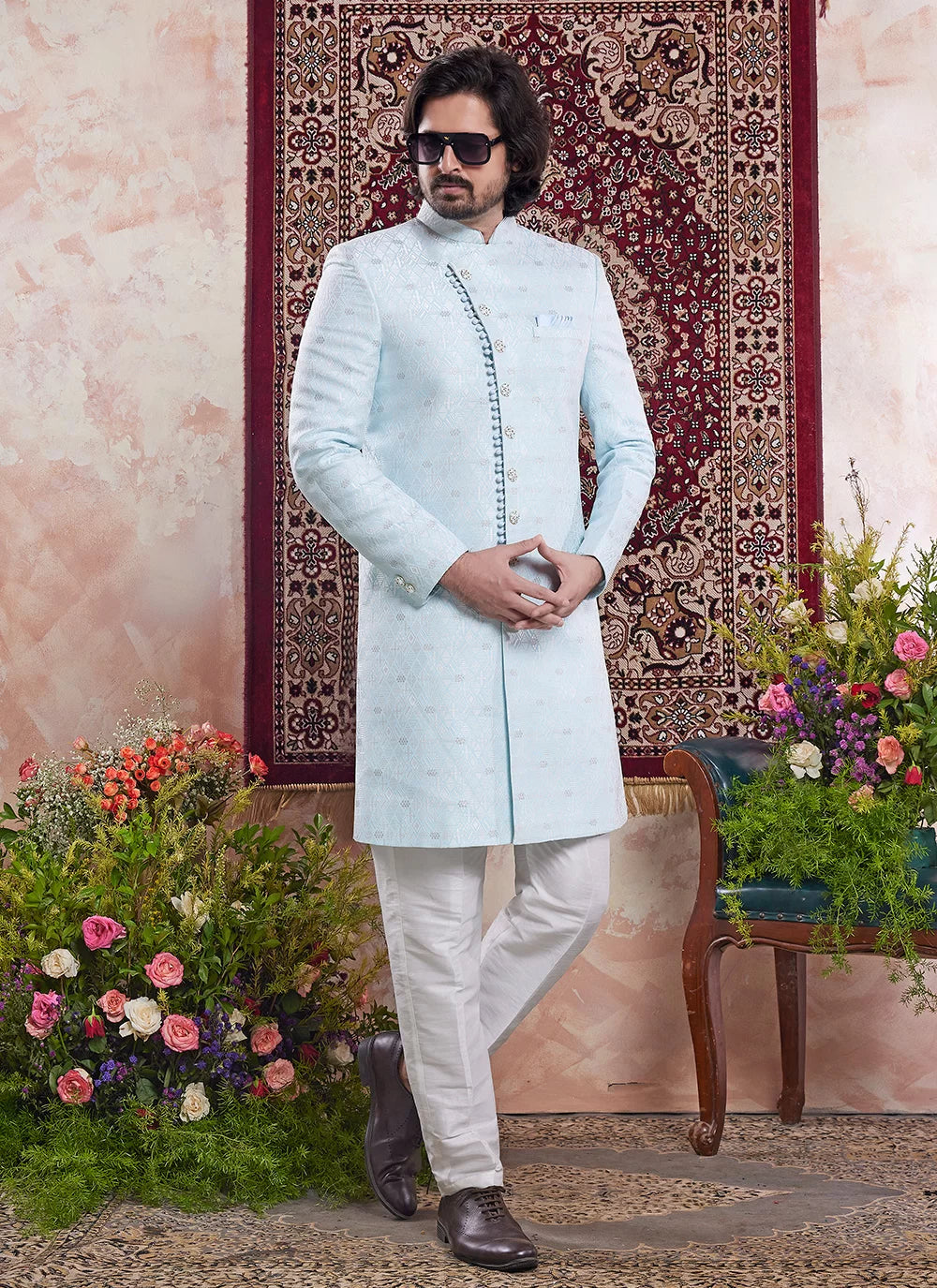 Raivat Ethnic Banarasi Jacquard Embroidery Indo Western Sherwani In Sky Blue Colour | Swadesiicart