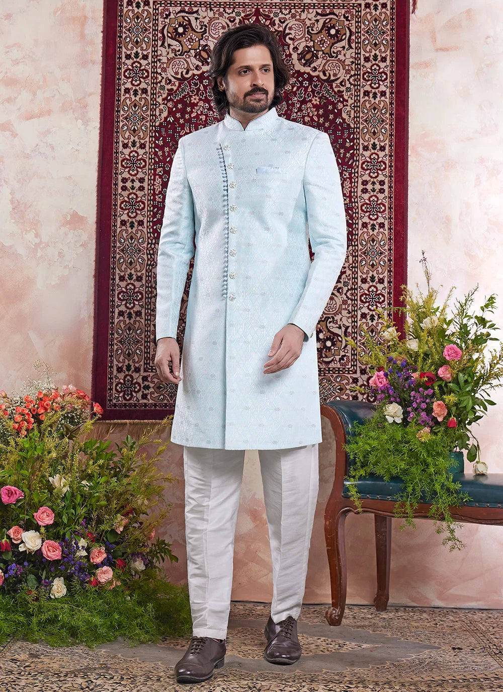 Raivat Ethnic Banarasi Jacquard Embroidery Indo Western Sherwani In Sky Blue Colour | Swadesiicart