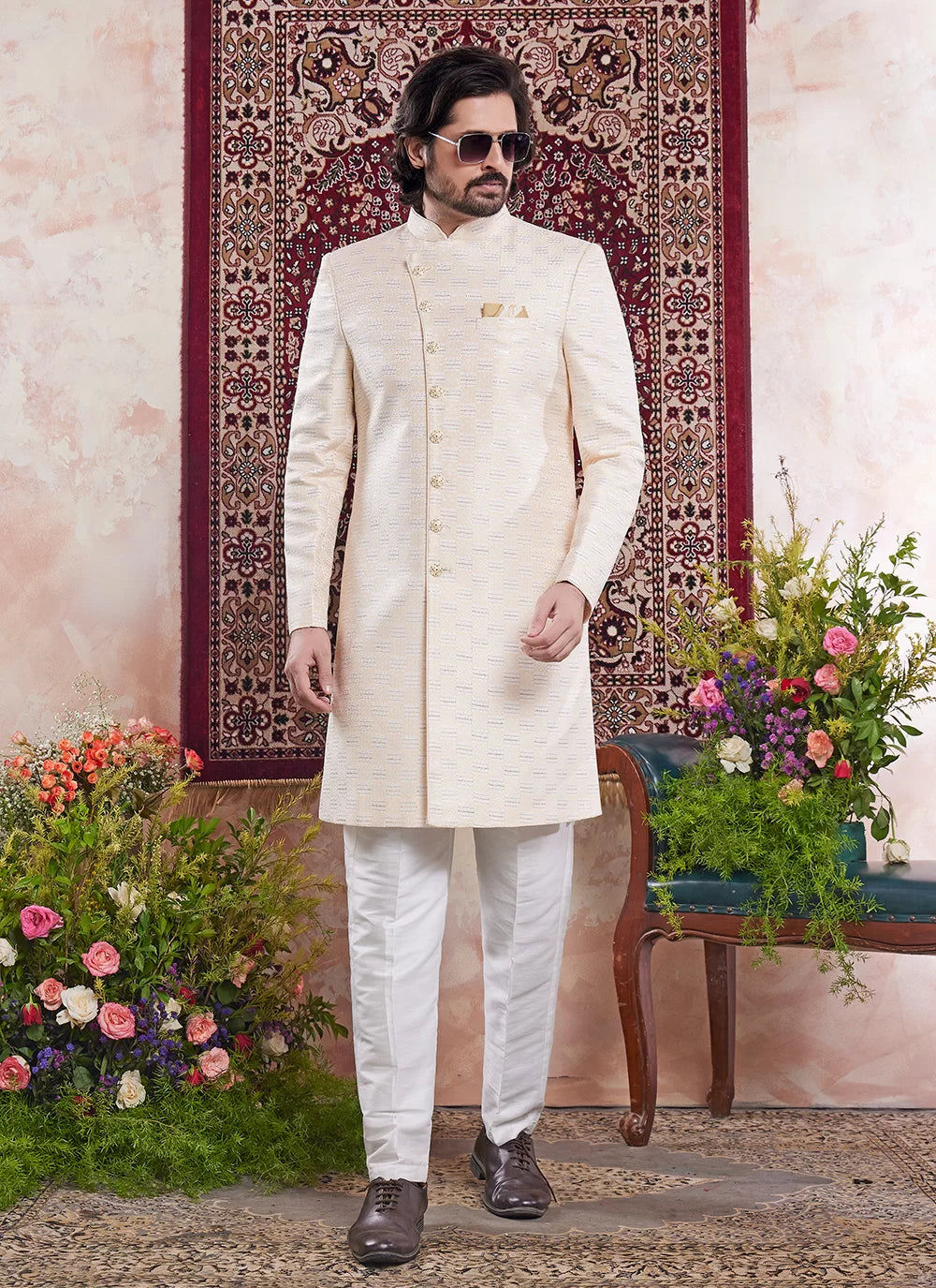 Raivat Ethnic Banarasi Jacquard Embroidery Indo Western Sherwani In Yellow Colour | Swadesiicart