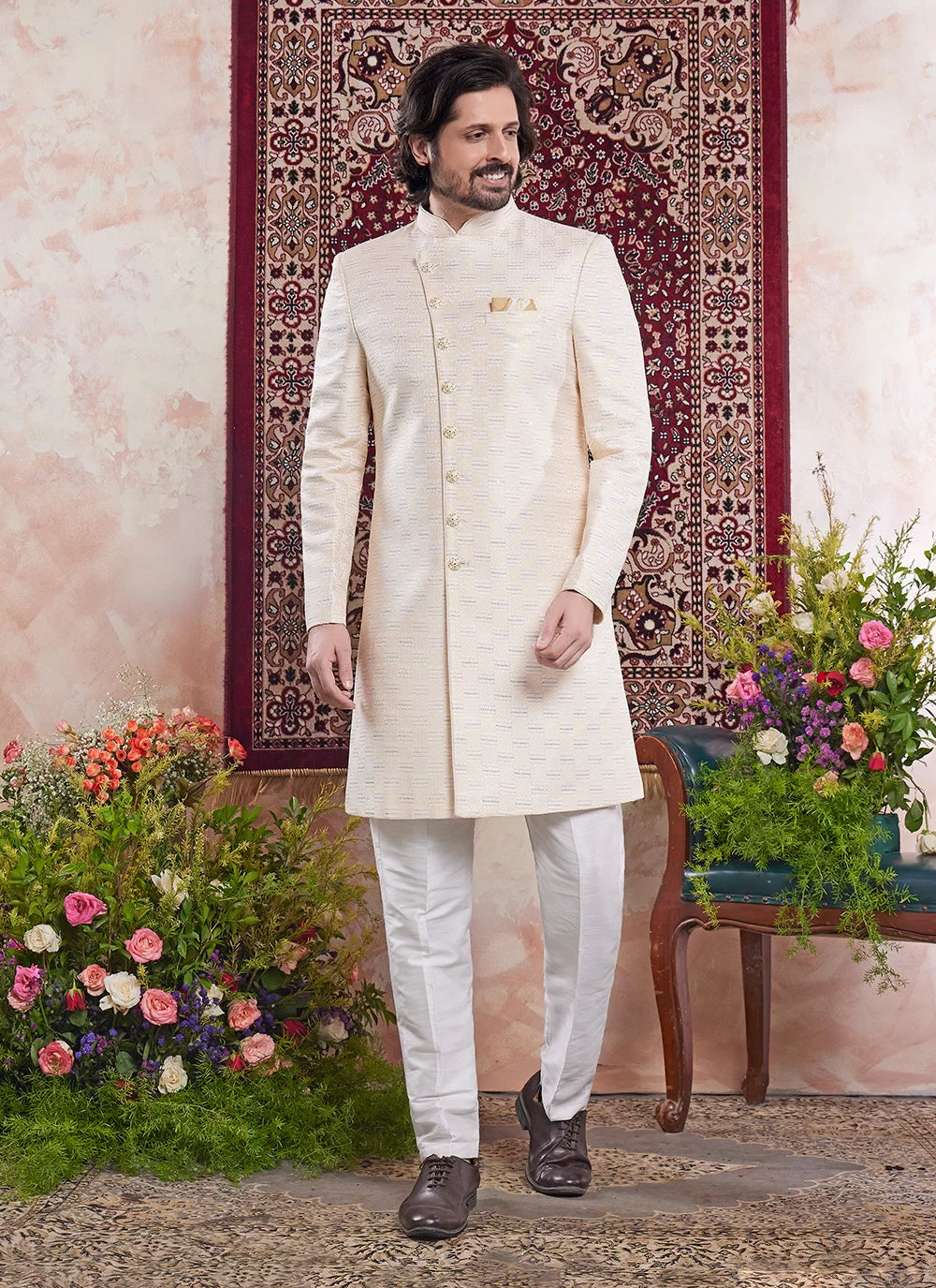 Raivat Ethnic Banarasi Jacquard Embroidery Indo Western Sherwani In Yellow Colour | Swadesiicart