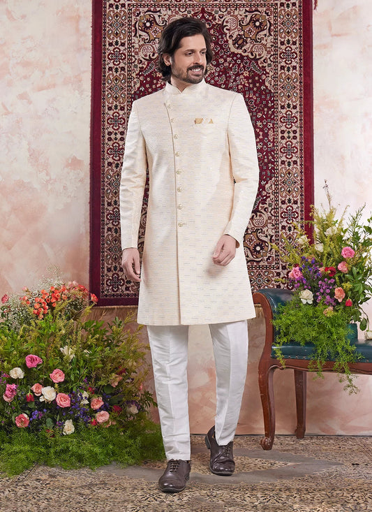 Raivat Ethnic Banarasi Jacquard Embroidery Indo Western Sherwani In Yellow Colour | Swadesiicart