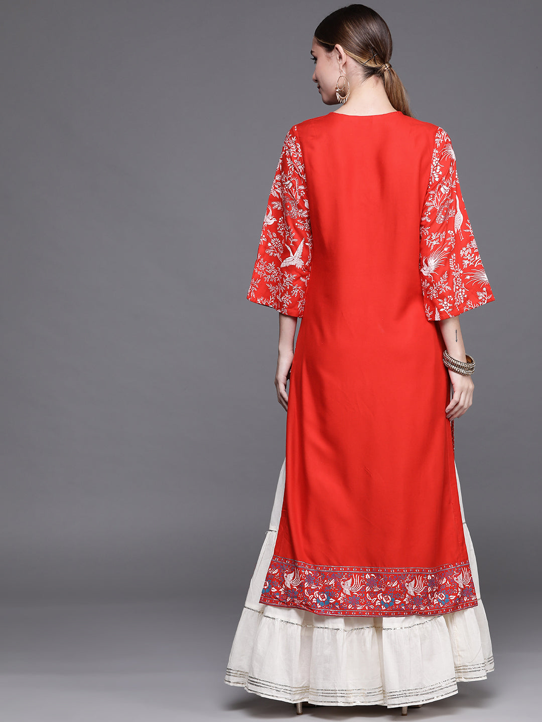 Biba Women Red Floral Printed Extended Sleeves Kurta - Swadesiicart