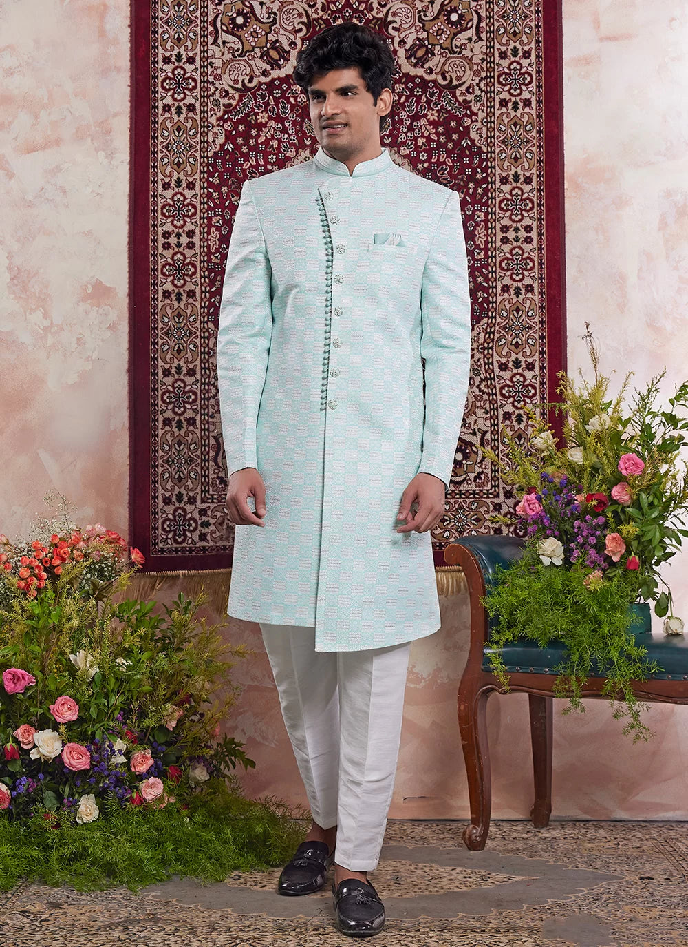 Raivat Ethnic Banarasi Jacquard Embroidery Indo Western Sherwani In Green Colour | Swadesiicart