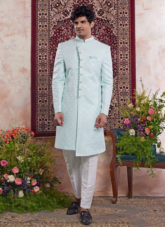 Raivat Ethnic Banarasi Jacquard Embroidery Indo Western Sherwani In Green Colour | Swadesiicart