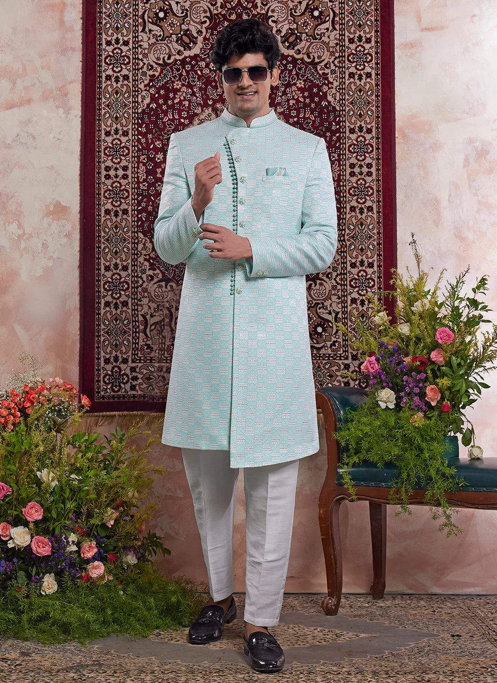 Raivat Ethnic Banarasi Jacquard Embroidery Indo Western Sherwani In Green Colour | Swadesiicart