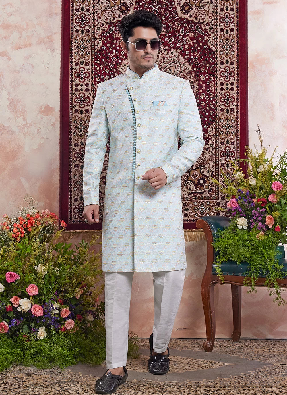 Raivat Ethnic Banarasi Jacquard Embroidery Indo Western Sherwani In Blue Colour | Swadesiicart