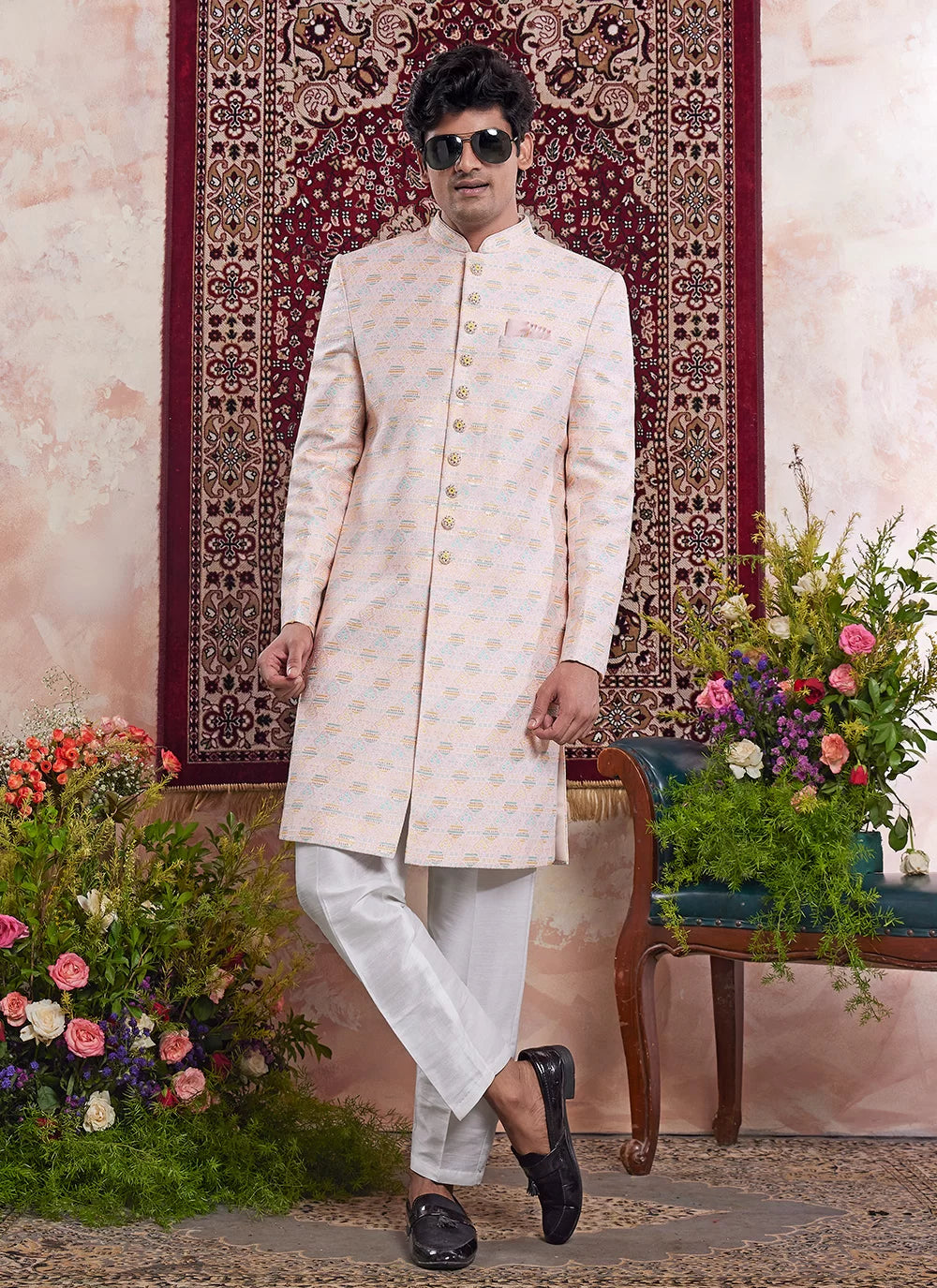 Raivat Ethnic Banarasi Jacquard Embroidery Indo Western Sherwani In Light Orange Colour | Swadesiicart
