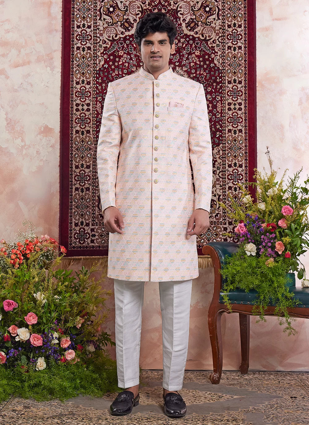 Raivat Ethnic Banarasi Jacquard Embroidery Indo Western Sherwani In Light Orange Colour | Swadesiicart