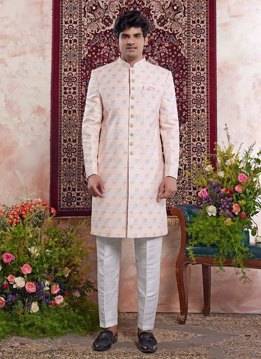 Raivat Ethnic Banarasi Jacquard Embroidery Indo Western Sherwani In Light Orange Colour | Swadesiicart