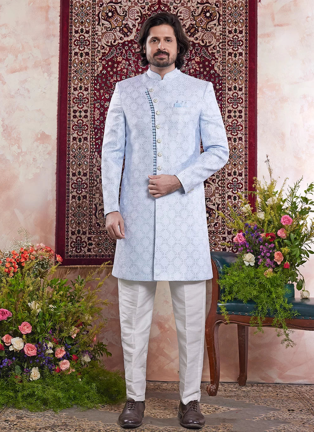 Raivat Ethnic Banarasi Jacquard Embroidery Indo Western Sherwani In Blue Colour | Swadesiicart