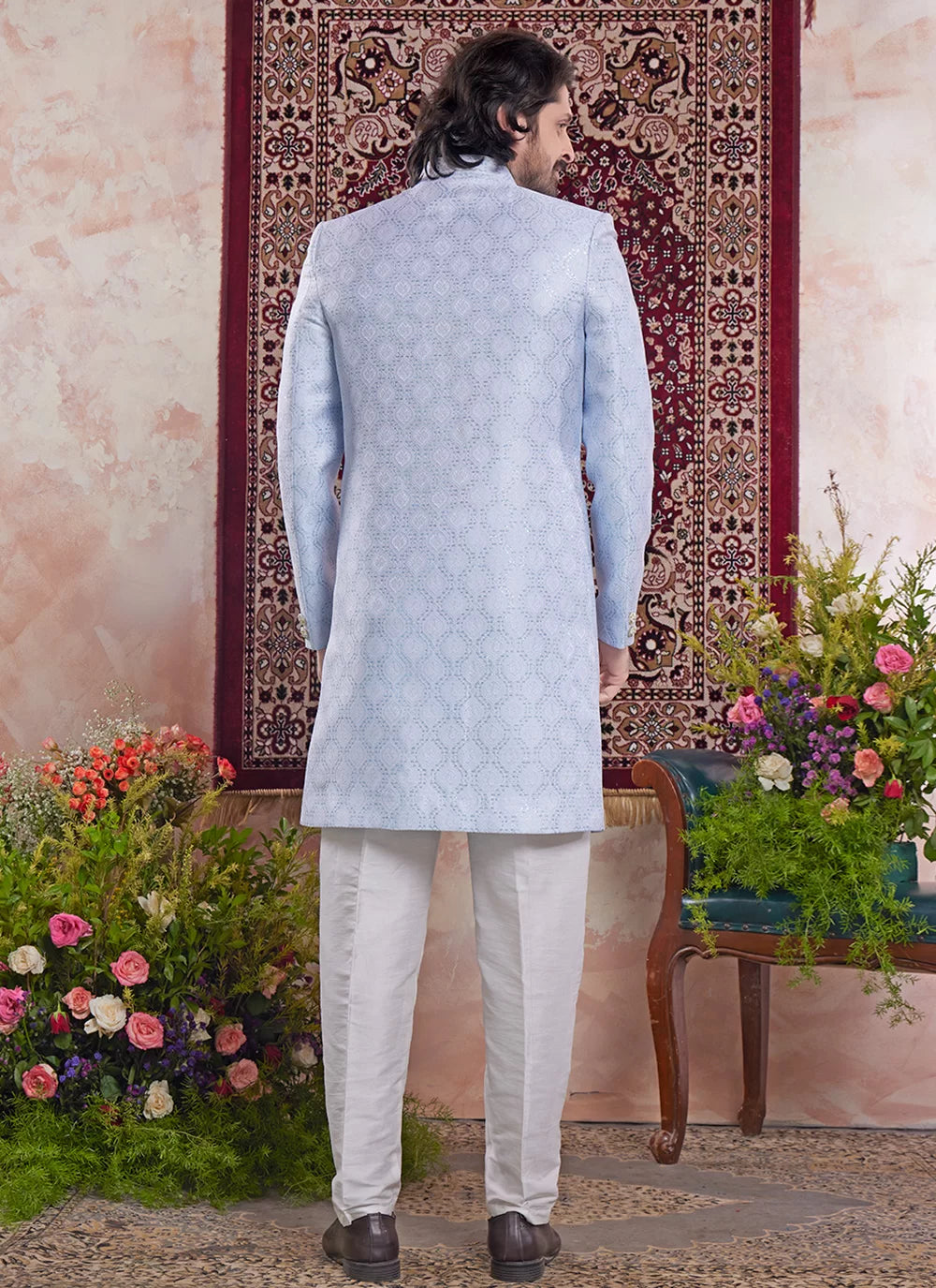 Raivat Ethnic Banarasi Jacquard Embroidery Indo Western Sherwani In Blue Colour | Swadesiicart