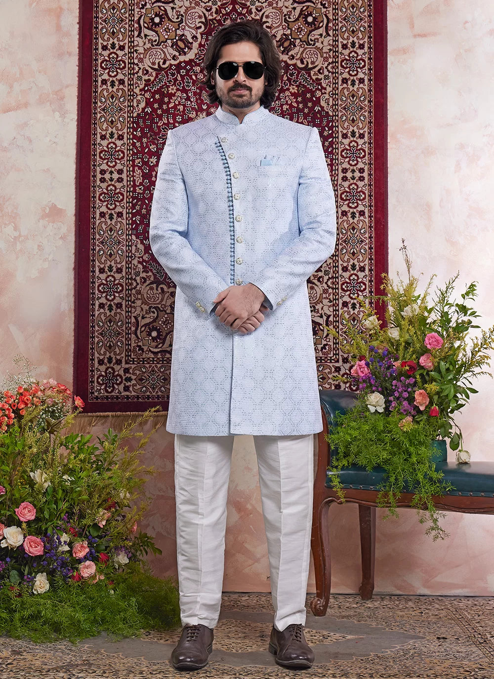 Raivat Ethnic Banarasi Jacquard Embroidery Indo Western Sherwani In Blue Colour | Swadesiicart