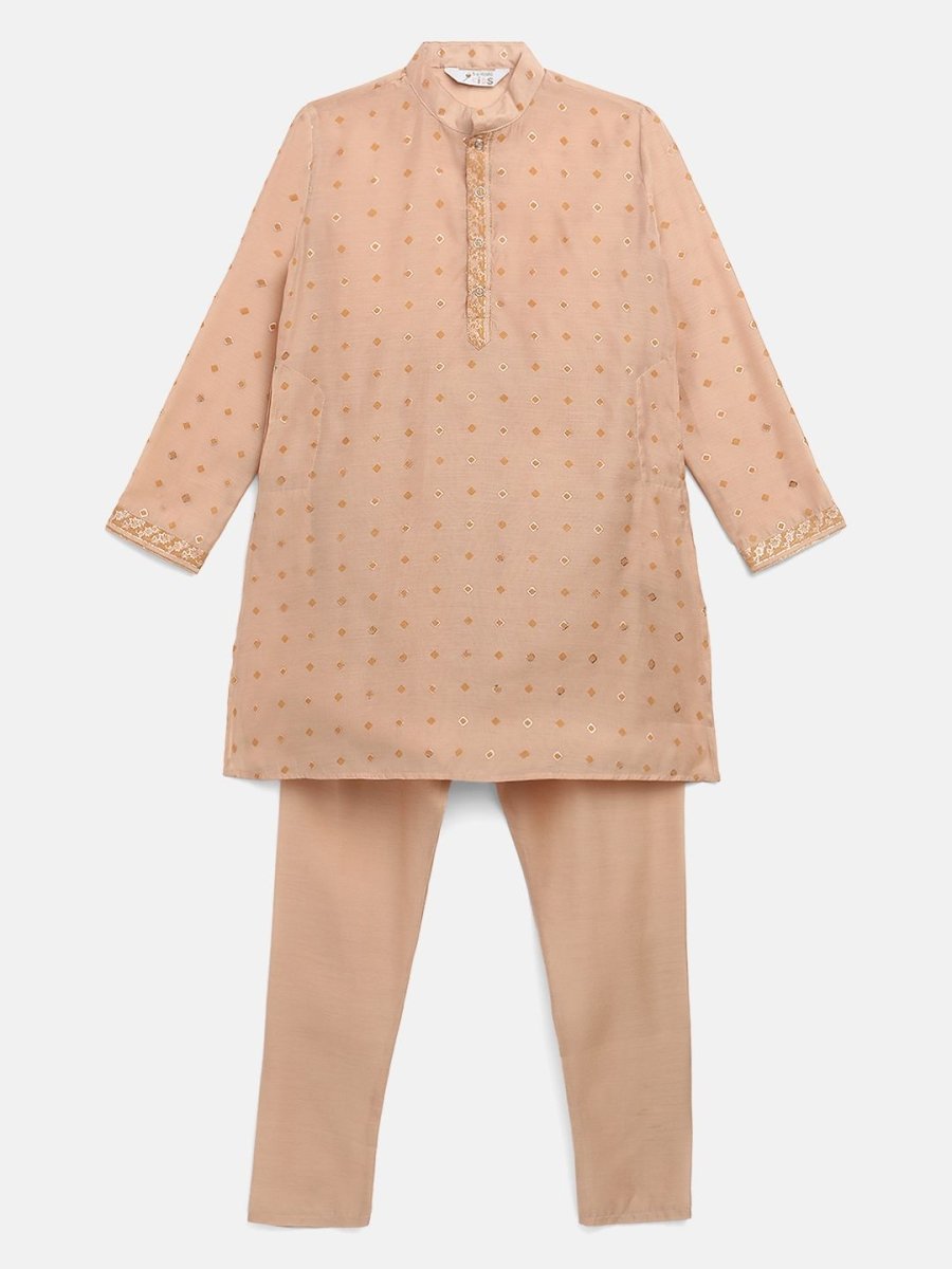 Ahalyaa Boys Beige Chanderi Khari Printed Kids Kurta Churidar Set | Swadesiicart