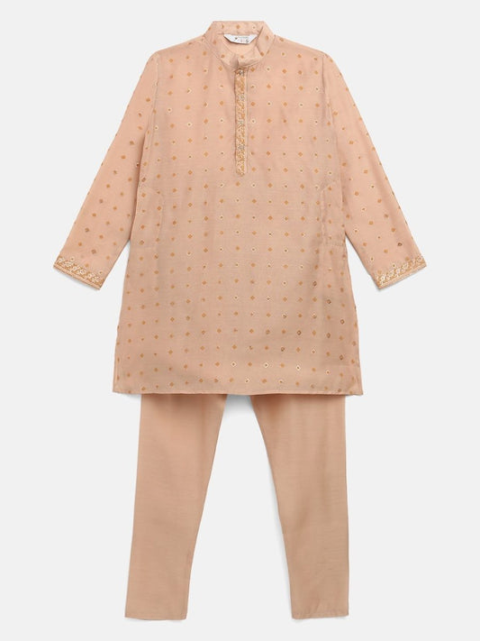 Ahalyaa Boys Beige Chanderi Khari Printed Kids Kurta Churidar Set | Swadesiicart