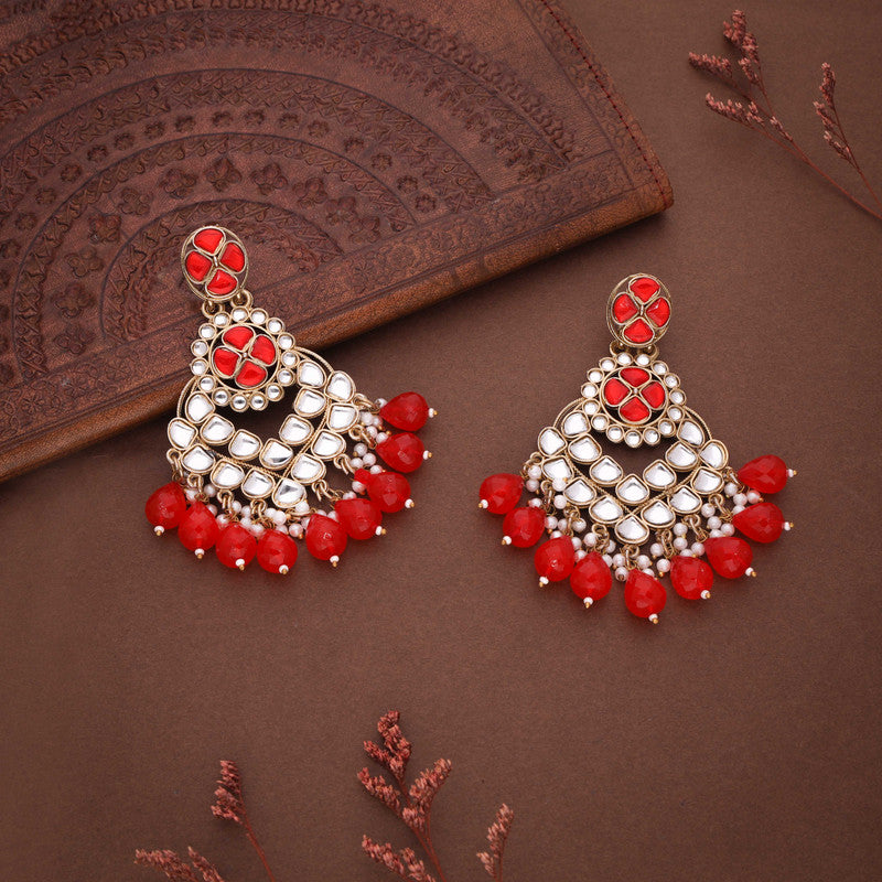 Tehzeeb Creations Gold Polish Kundan Red Colour Earrings | Swadesiicart