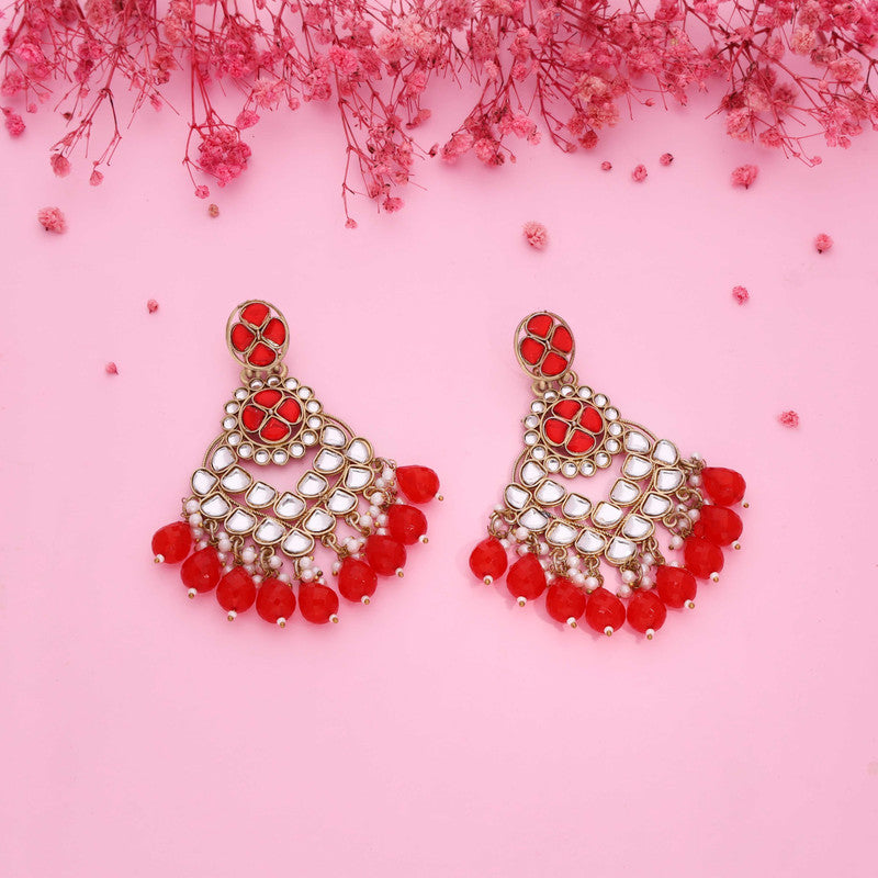 Tehzeeb Creations Gold Polish Kundan Red Colour Earrings | Swadesiicart