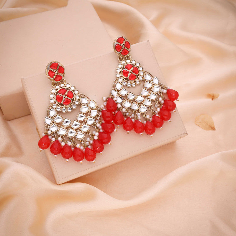 Tehzeeb Creations Gold Polish Kundan Red Colour Earrings | Swadesiicart