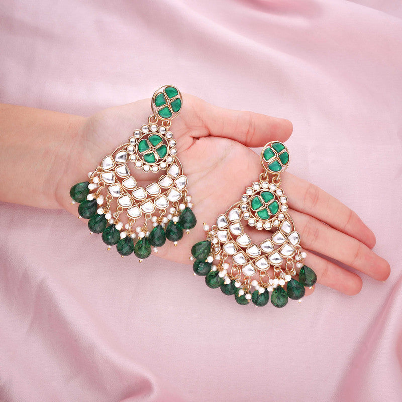 Tehzeeb Creations Gold Polish Kundan Green Colour Earrings | Swadesiicart