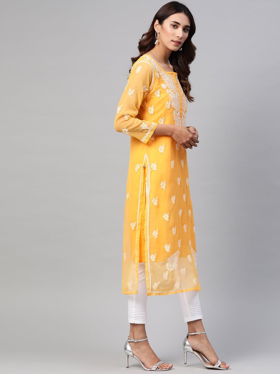 ADA Women Mustard & White Chikankari Embroidered Sustainable Kurta with Trousers & Inner | Swadesiicart