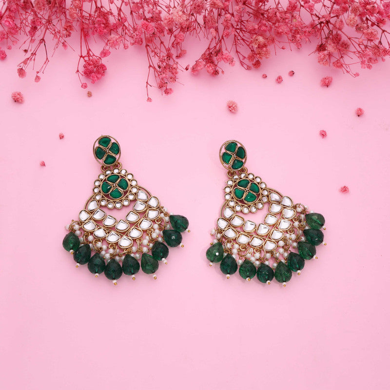 Tehzeeb Creations Gold Polish Kundan Green Colour Earrings | Swadesiicart
