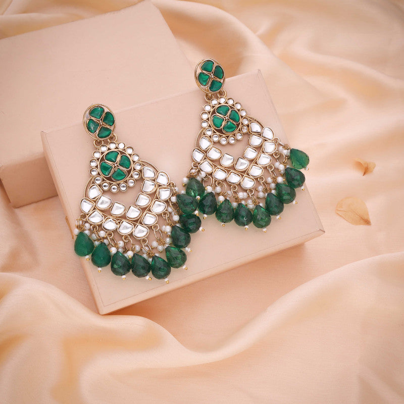 Tehzeeb Creations Gold Polish Kundan Green Colour Earrings | Swadesiicart