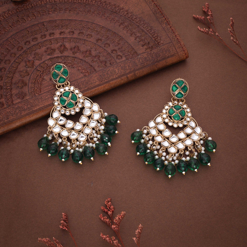 Tehzeeb Creations Gold Polish Kundan Green Colour Earrings | Swadesiicart