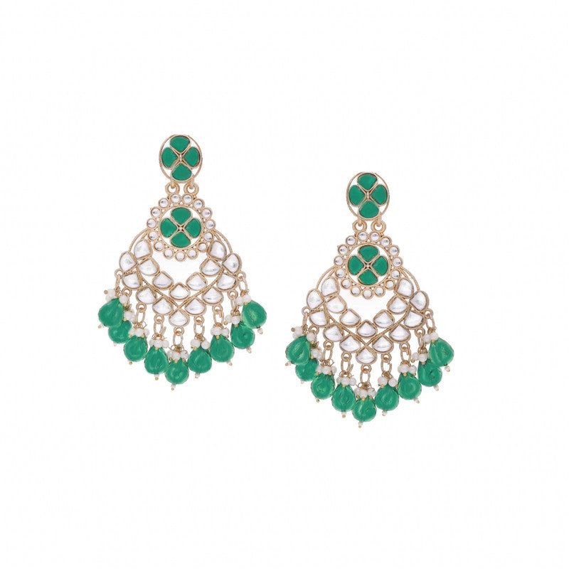 Tehzeeb Creations Gold Polish Kundan Green Colour Earrings | Swadesiicart