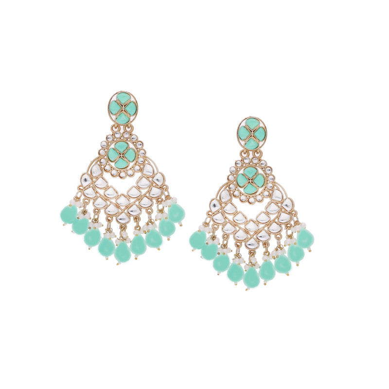 Tehzeeb Creations Gold Polish Kundan Sea Green Colour Earrings | Swadesiicart
